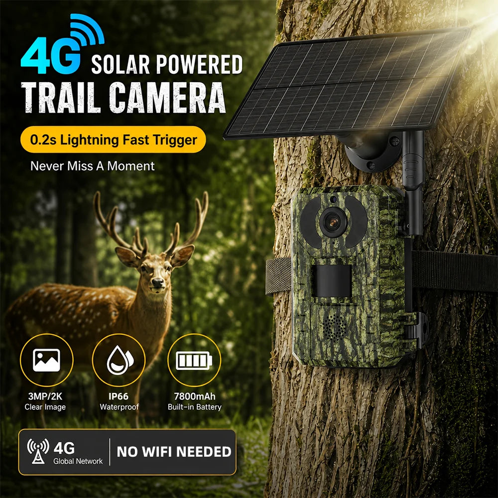 EU 4G Cellular 2K Battery Solar PIR Motion Activated Wildlife Hunting Trail Camera IP65 Outdoor Night Vision No Red Exposure