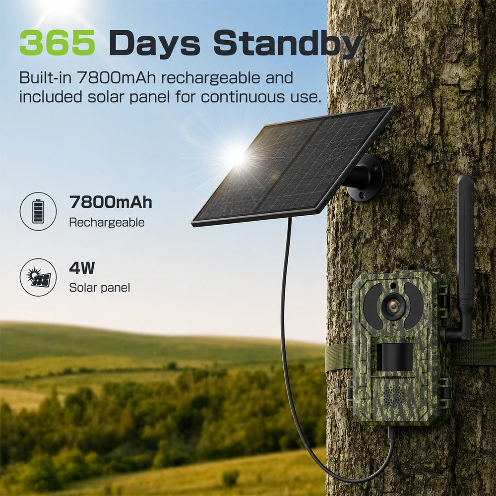 EU 4G Cellular 2K Battery Solar PIR Motion Activated Wildlife Hunting Trail Camera IP65 Outdoor Night Vision No Red Exposure